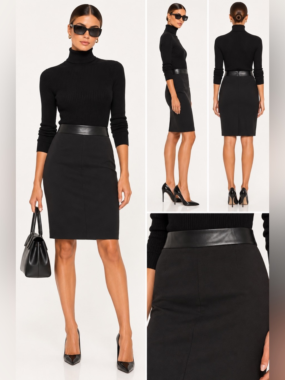 Women's Black Skirt with Faux Leather Waistband